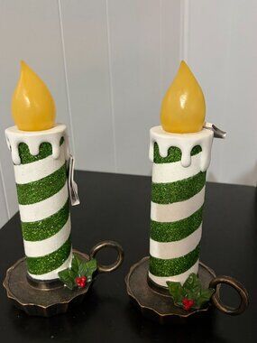 Set of 2 10" Mr. Christmas Flickering Candle Green White Glitter w/Timer - New